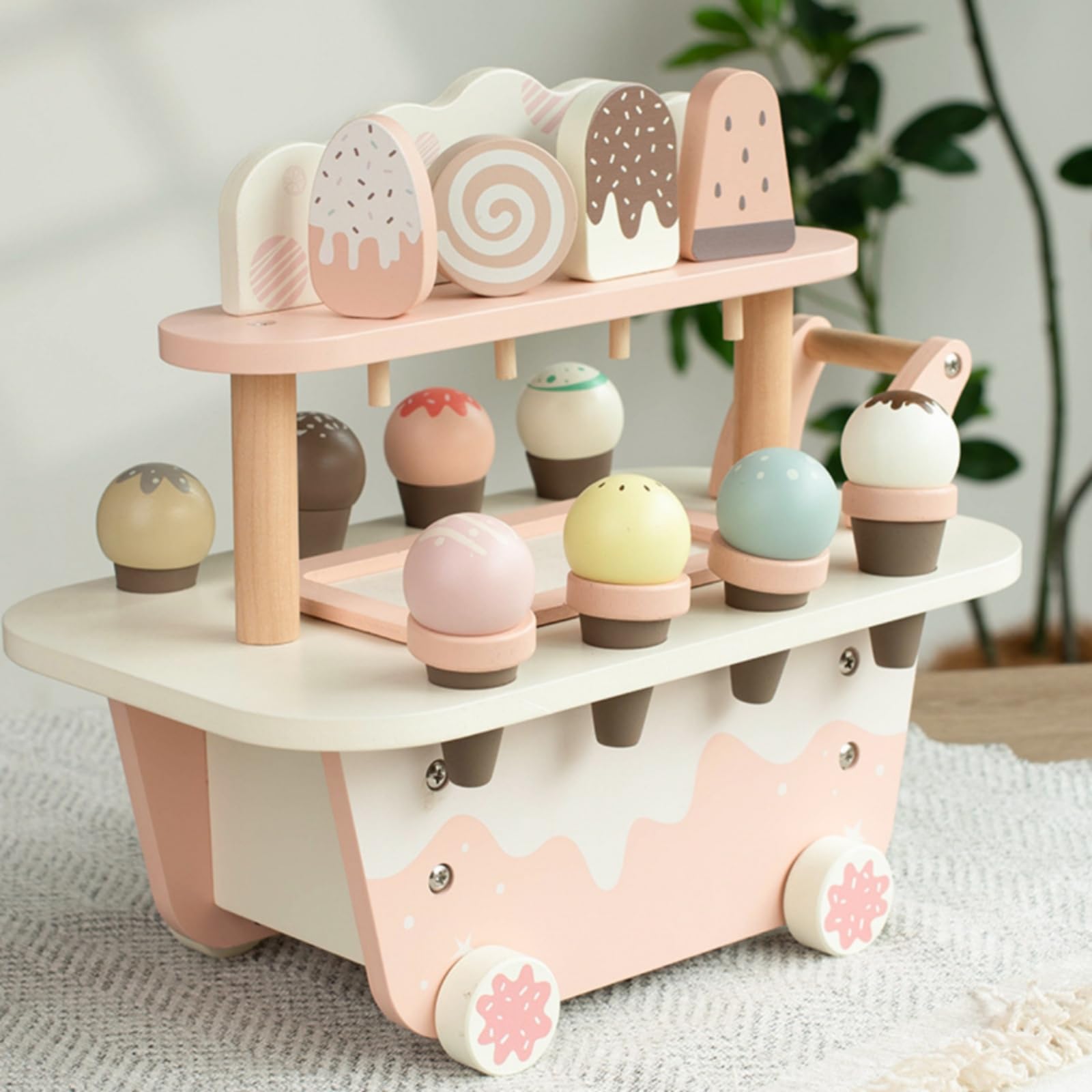 Kinder Rollenspiel Wagen Holz Dessertwagen Eisdiele Spielzeug Verkaufswagen Marktstand mit Spielgeld Und EIS Zubehör Kompakte Tischgröße Und Robuste für Vorschule Kinderzimmer