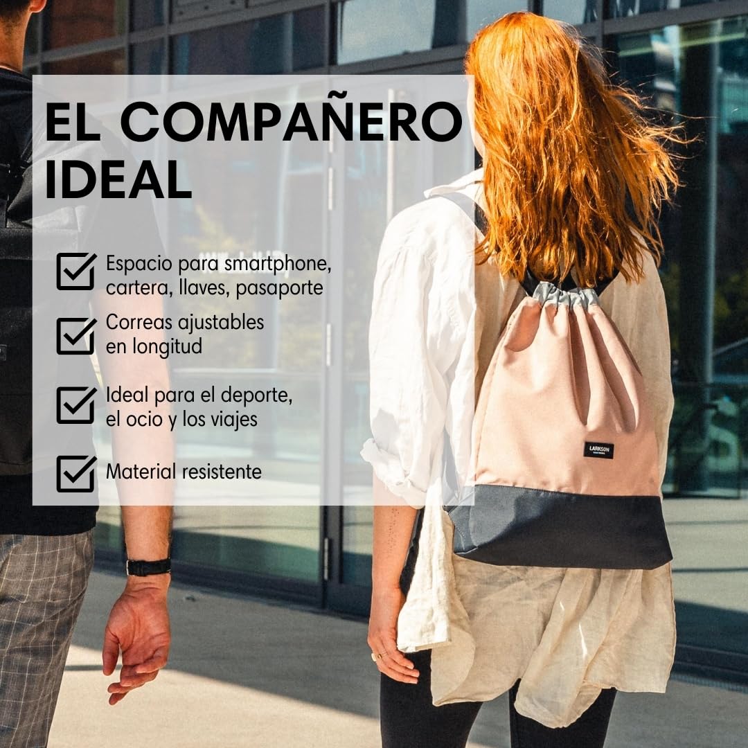LARKSON Bolso de Deporte para Hombre y Mujer Rosa Gris - No 7 - Bolsa para niños con Cordón - Mochila pequeña de tela para el Gimnasio - Material reciclado — view 3
