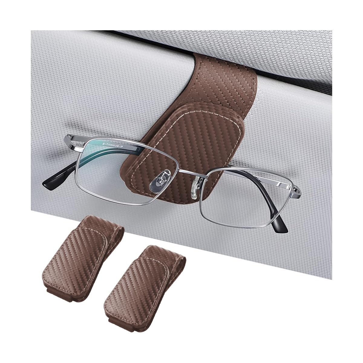 AICEL 2PCS Sunglasses Holders for Car Sun Visor, Carbon Fiber, Brown