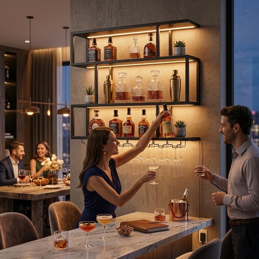 100cm Portabottiglie da Parete in Metallo, 3 Livelli Porta bottiglie Da Vino Con Ripiano Espositivo e Illuminazione LED, Mensola per vino Per Casa, Bar, Ristorante (180cm)