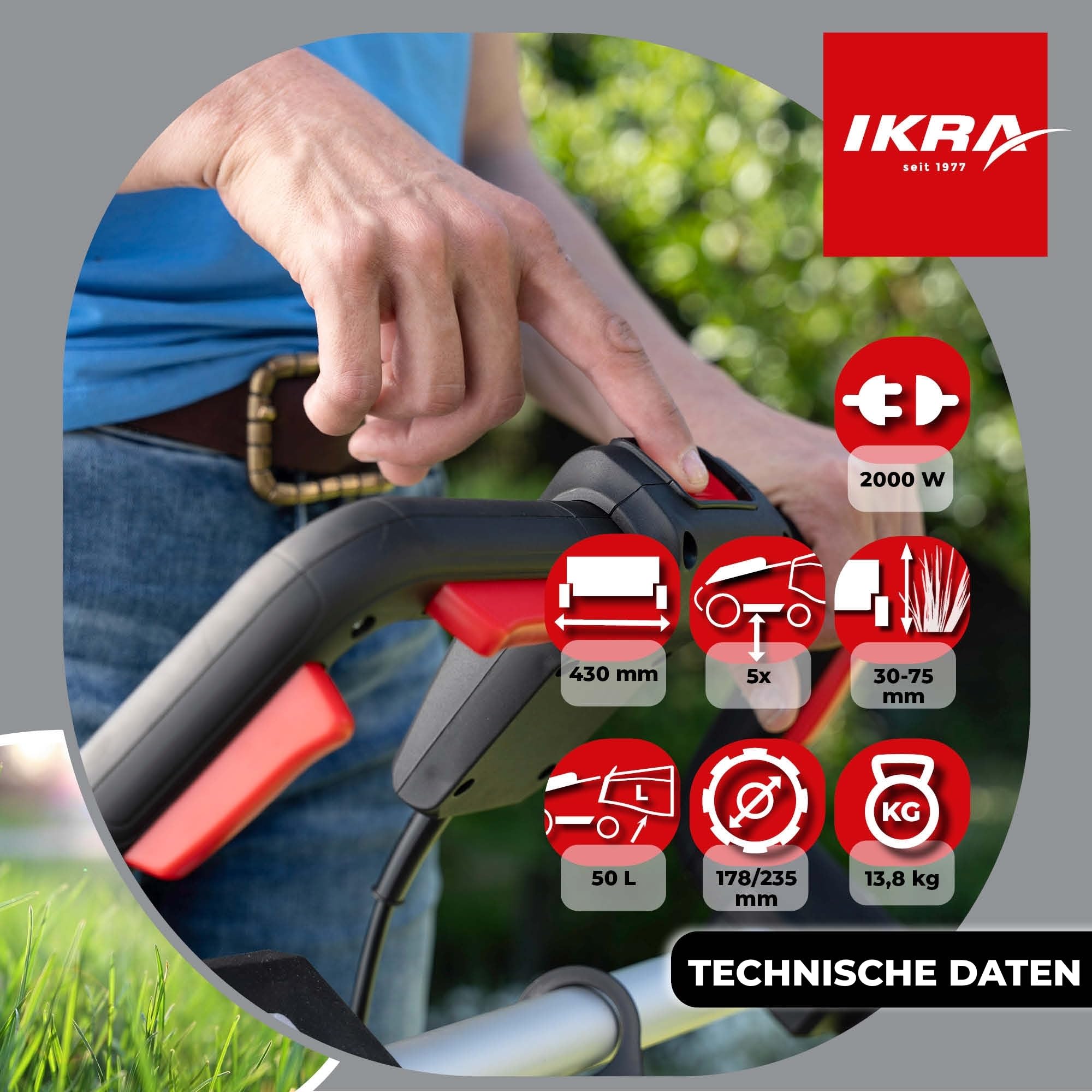 IKRA Elektro Rasenmäher IERM 2043 T, 2000W, 43cm, inkl. Ersatzmesser | Holm 3-fach höhenverstellbar, 5-fach Schnitthöhenverstellung 30-75mm, inkl. Fangsack 50l & Mulchkit, gehärtetes Metallmesser