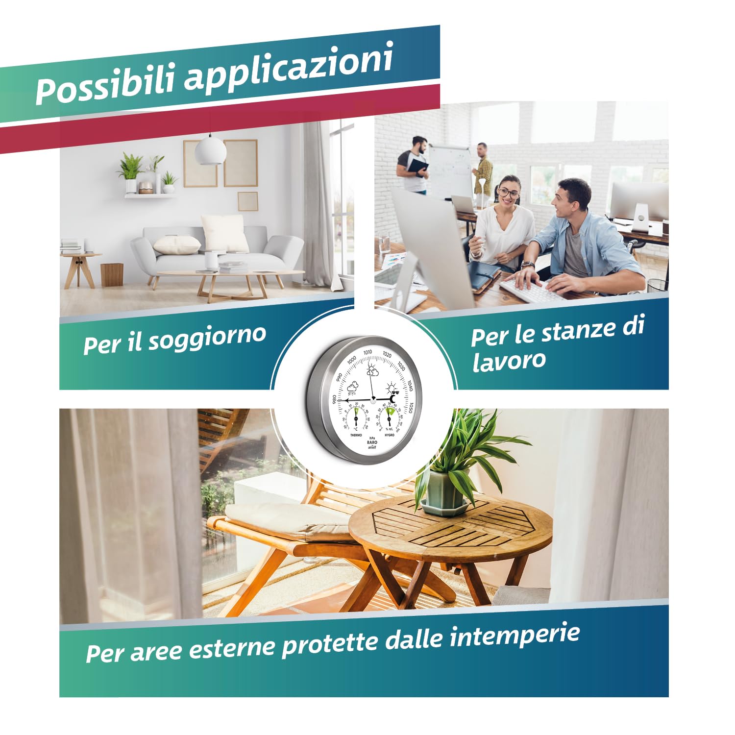 Stazione meteorologica analogica in Acciaio Inox - con barometro, termometro e igrometro - da Interni ed Esterni