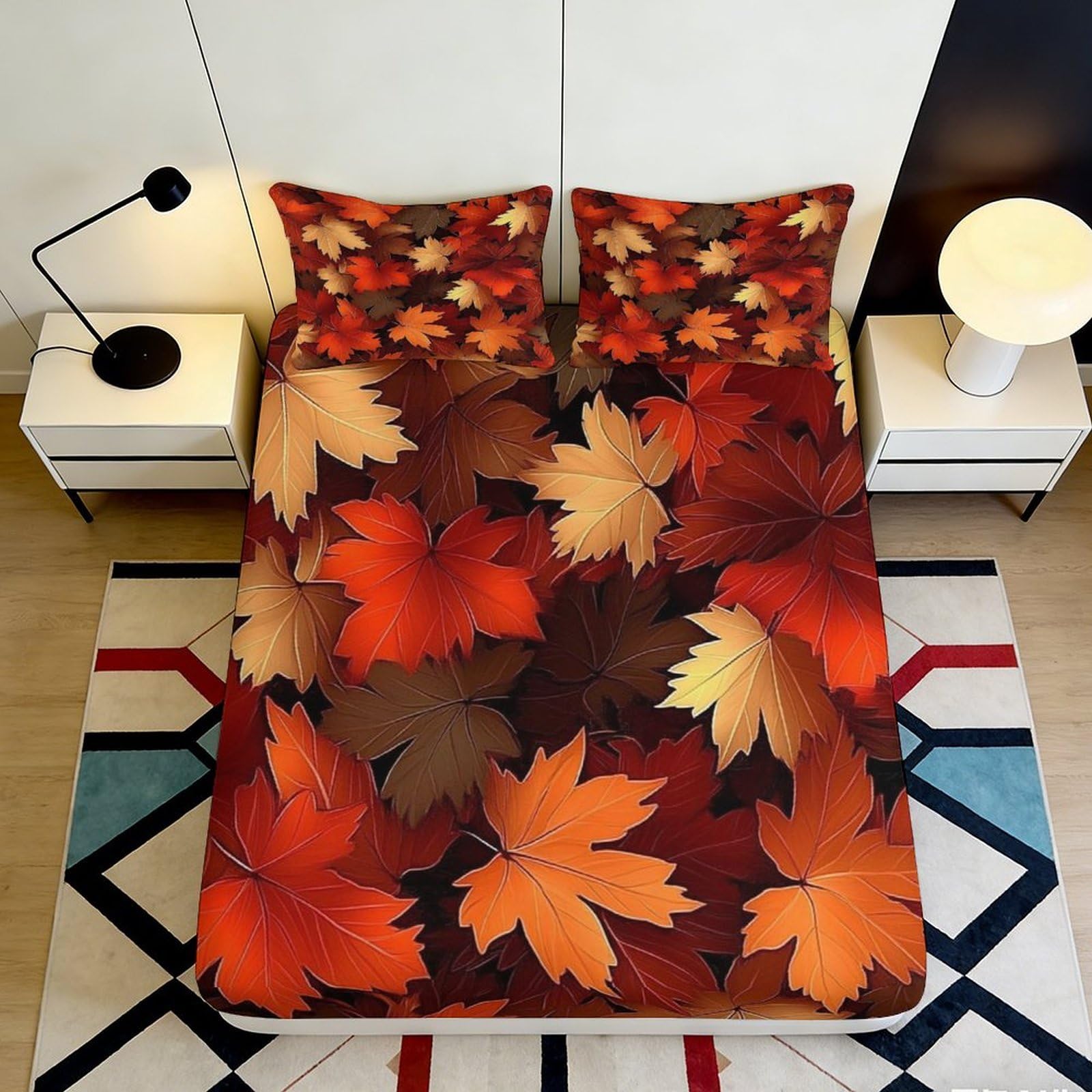 3D Printed Autumn Leaves Fitted Sheet Microfiber Soft Breathable Maple Leaves Bed Cover for Bedroom Dormitory Guest Room Mattress Protection Decor 160x200x25cm