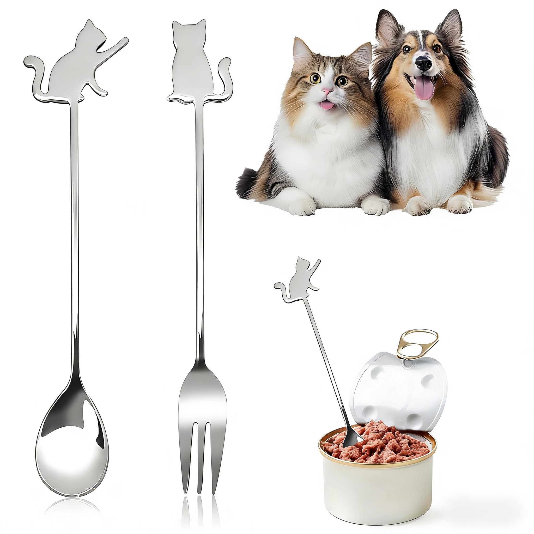 Pet Food Scoop and Fork Set, 2 pcs Small Cute Cat Stainless Steel Forks and Spoon Easy Clean Cat Treat Spoon Set for Can Wet Food (Silver)