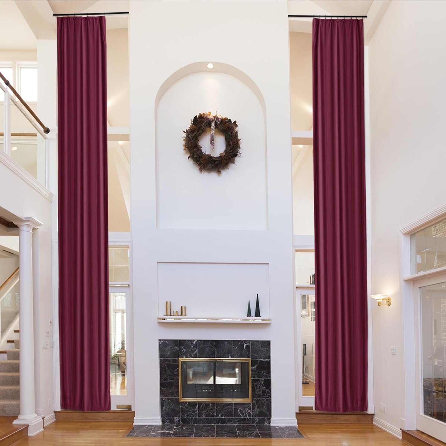 Fcosie Extra Long Plush Velvet Curtains for High Ceilings 10, 12, 14, 15, 16, 17, 18, 20, 24 ft Long 4-in-1 Header Flat Hooks Back Tab Hook Belt Rod Pocket Drapes (1 Panel), 100" W x 132" L, Deep Red