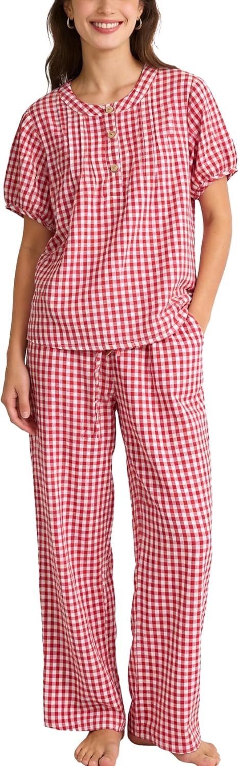 Flygo Gingham Pajamas for Women Puff Short Sleeve Babydoll Set Cute 2 Piece Henley Top Wide Leg Pants Lounge Pjs Sets