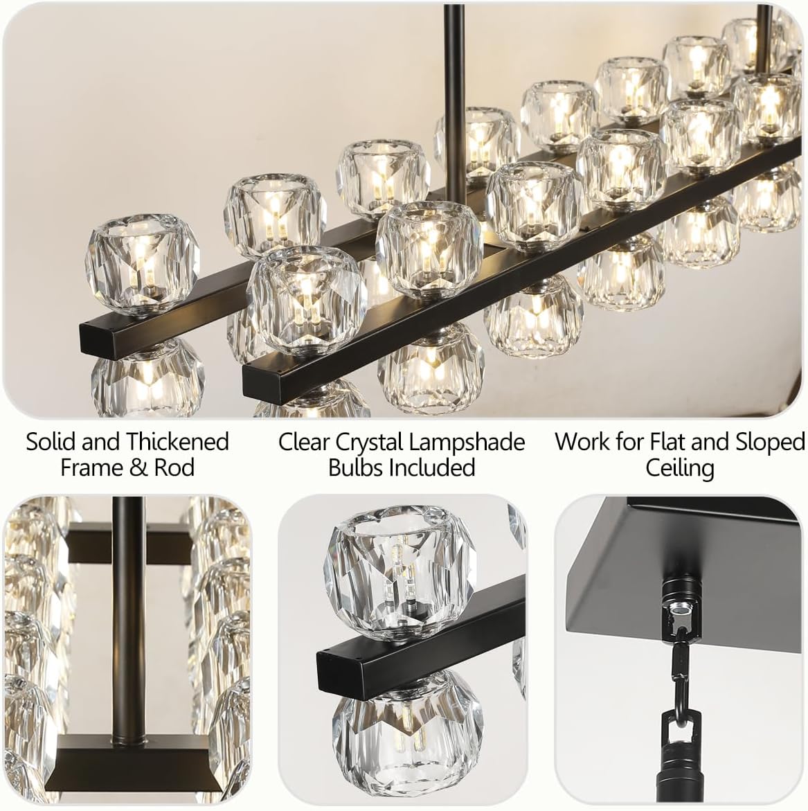 53" Linear Black Chandelier, 36 Lights Modern Crystal Chandelier for Dining Room, Island Lighting Fixture with Crystal Shades for Kitchen