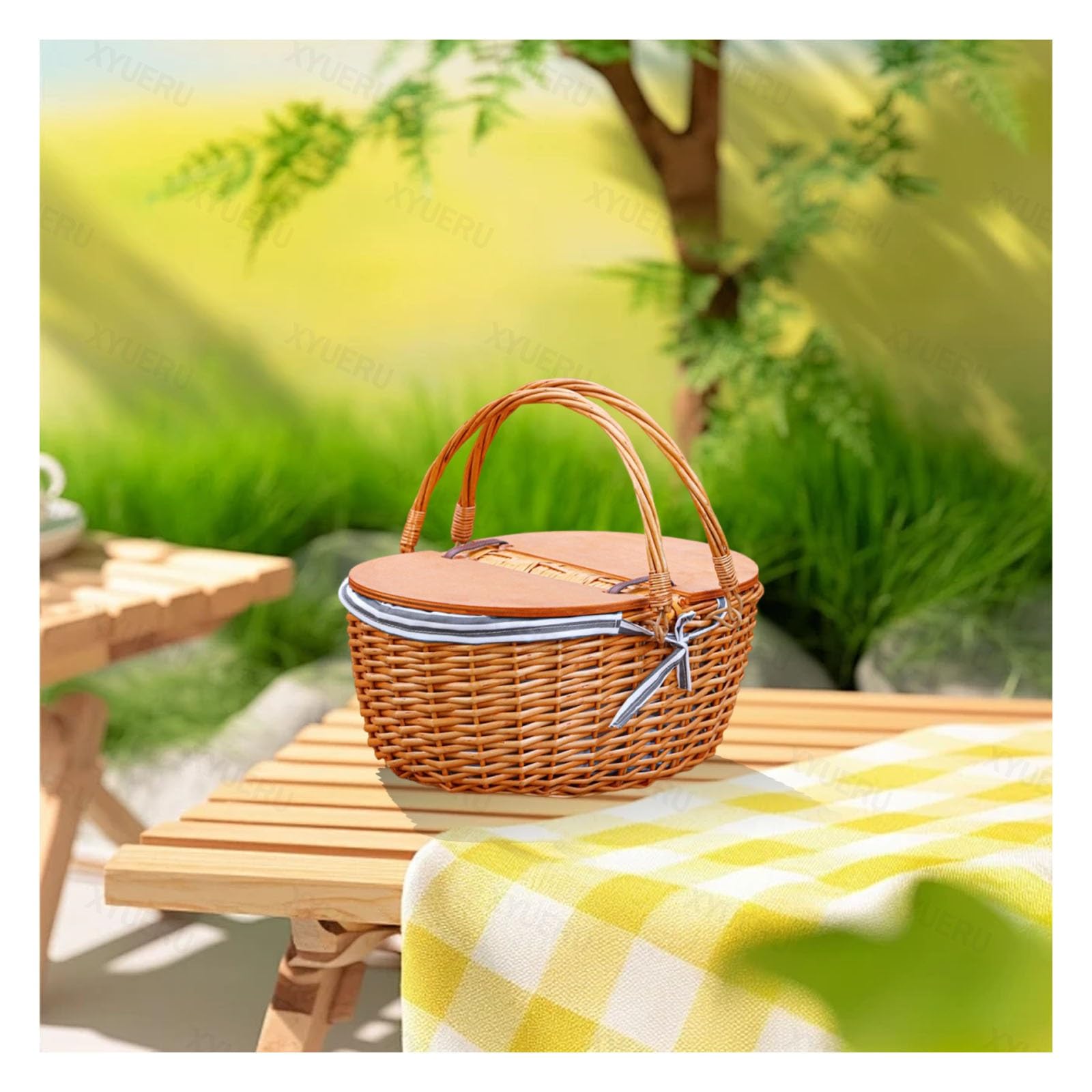 Cesta de picnic de mimbre para aperitivos y frutas, cesta tejida a mano, cesta de flores vintage para barbacoa, actividades al aire libre y reuniones