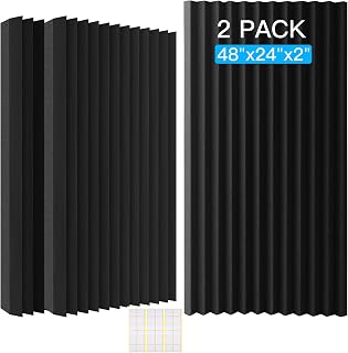 2 Pack Acoustic Foam Panels, 48 x 24 x 2" Sound Proof Foam High Density Studio Wedge Tiles Fire Resistant Acoustic Panels for Home Office, Recording Room, Studio (Black, Black 2 Pack)