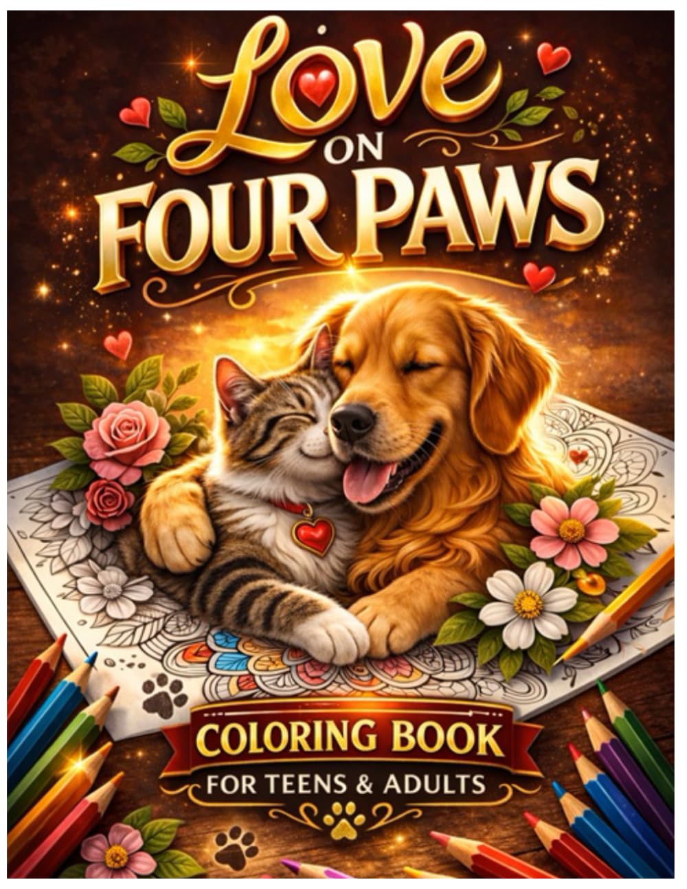 LOVE ON FOUR PAWS: A DOG & CAT COLORING BOOK FOR TEENS & ADULTS
