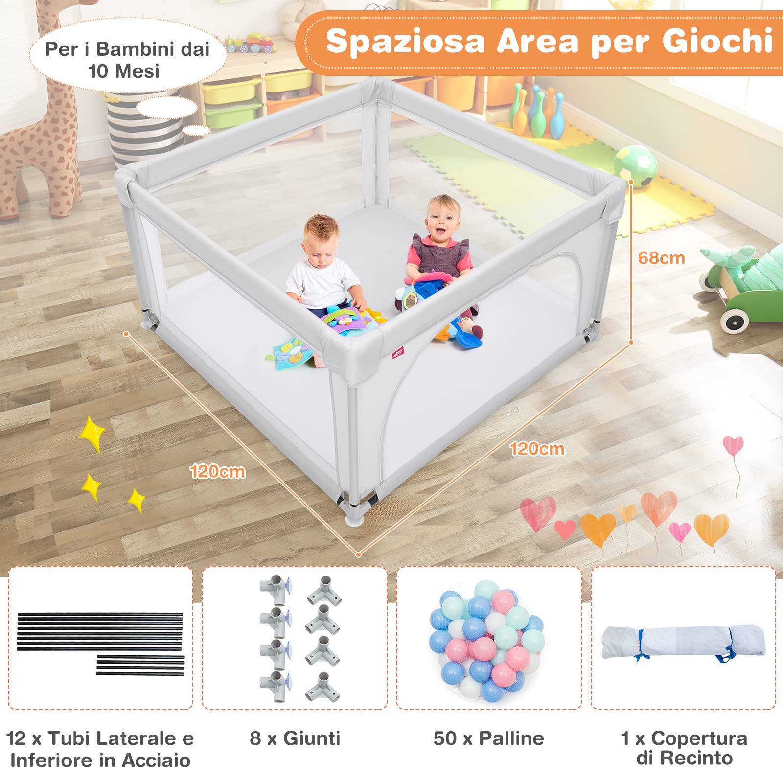 RELAX4LIFE Box per Bambini con 50 Palline,2 Anelli,2 Entrate Laterali con Chiusura Lampo,Rete Traspirante, Centro di Attività (Grigio Chiaro, 120x120cm)