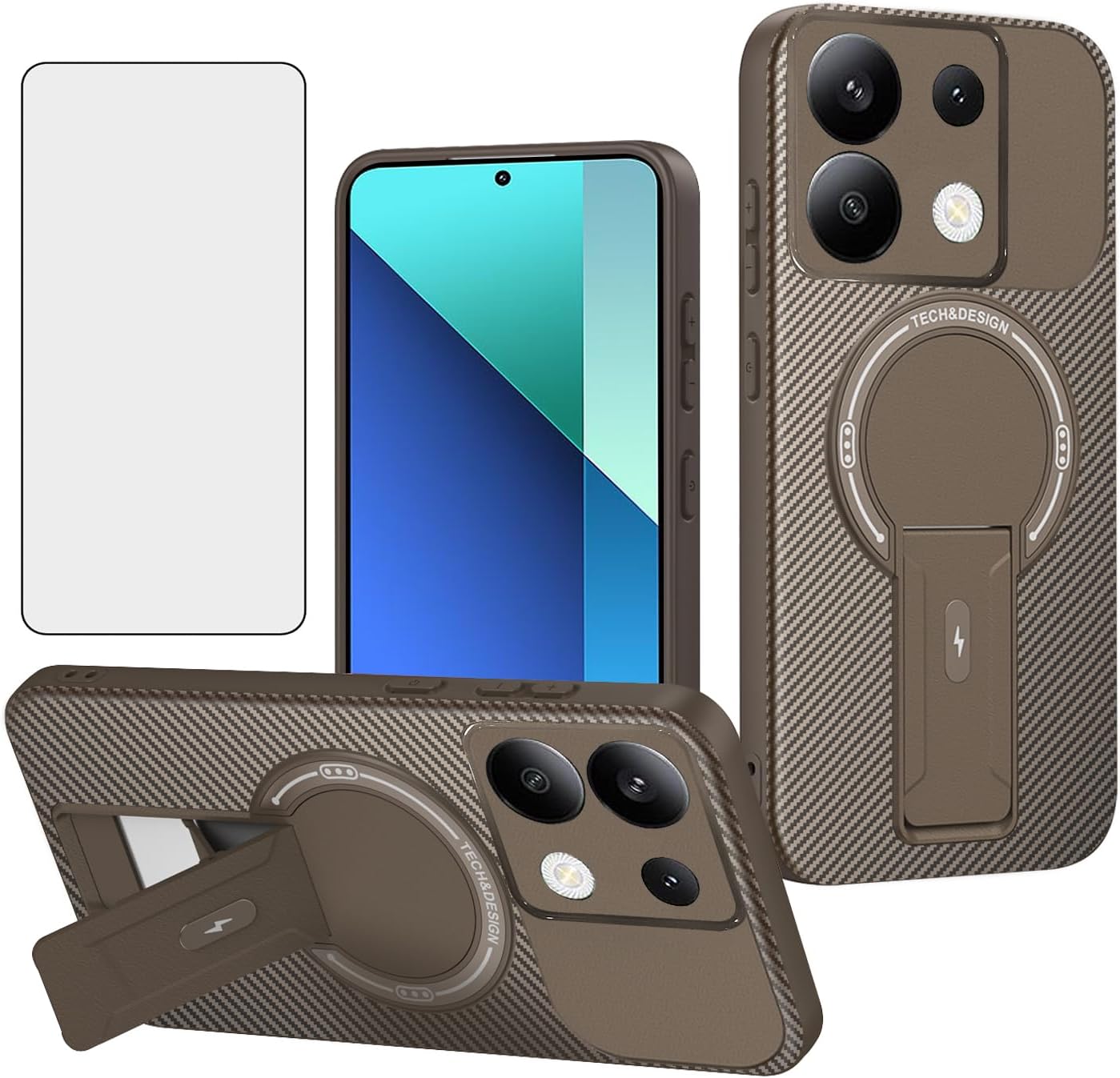 Asuwish Phone Case for Xiaomi Redmi Note 13 4G Magnetic Carbon Fiber Cover with Tempered Glass Screen Protector and Kickstand Protective Slim Soft Hard Thin Cell Accessories Note13 Women Men Brown