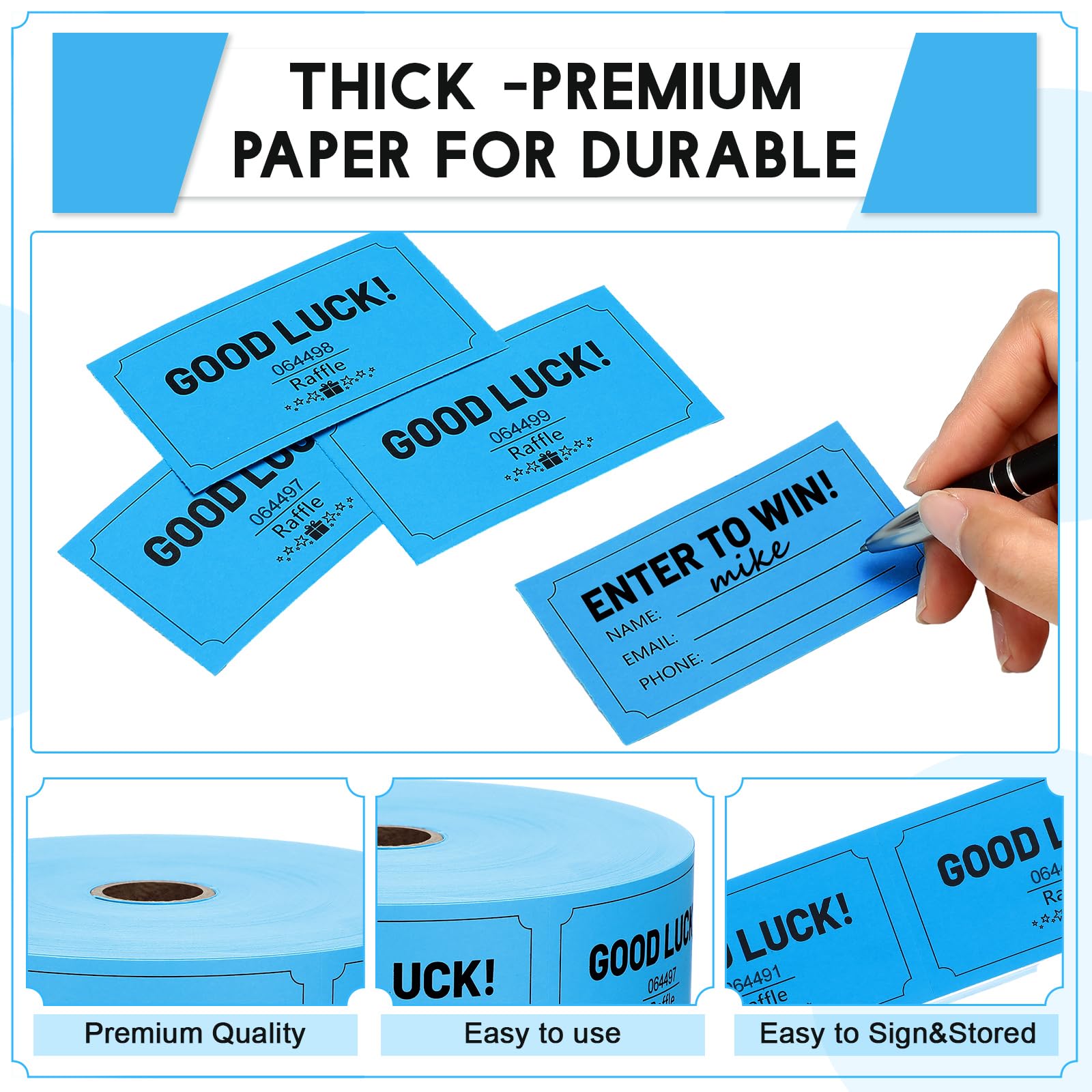 Clabby 1000 Pcs Large Raffle Tickets Rolls Blue Raffle Cards Blank Entry Form with Name Phone Email for Events Fundraiser Prizes Printable for Classroom Entry Class Reward Door Prize - Image 3