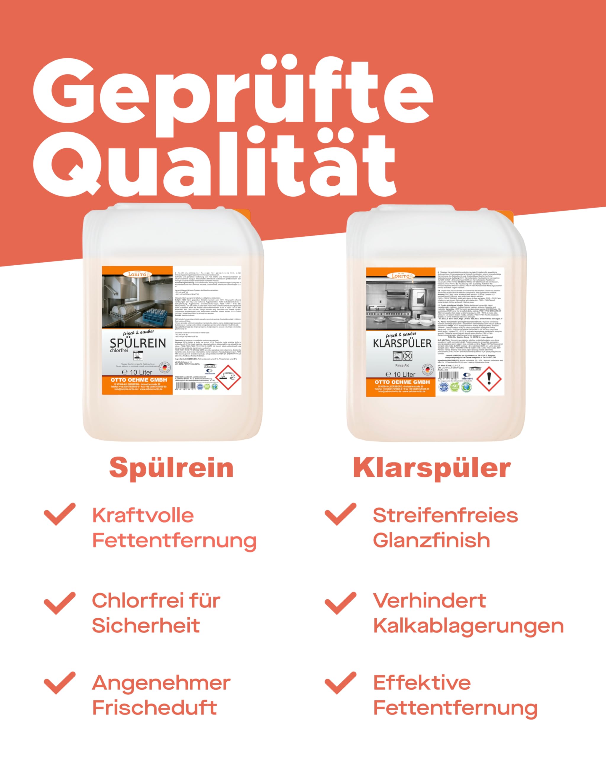 Lorito Set frisch & sauber Spülrein Spülmaschinenreiniger 2 x 10 L & Klarspüler für Spülmaschine 2 x 10 L - Profi-Reinigungsmittel gegen hartnäckige Verunreinigungen