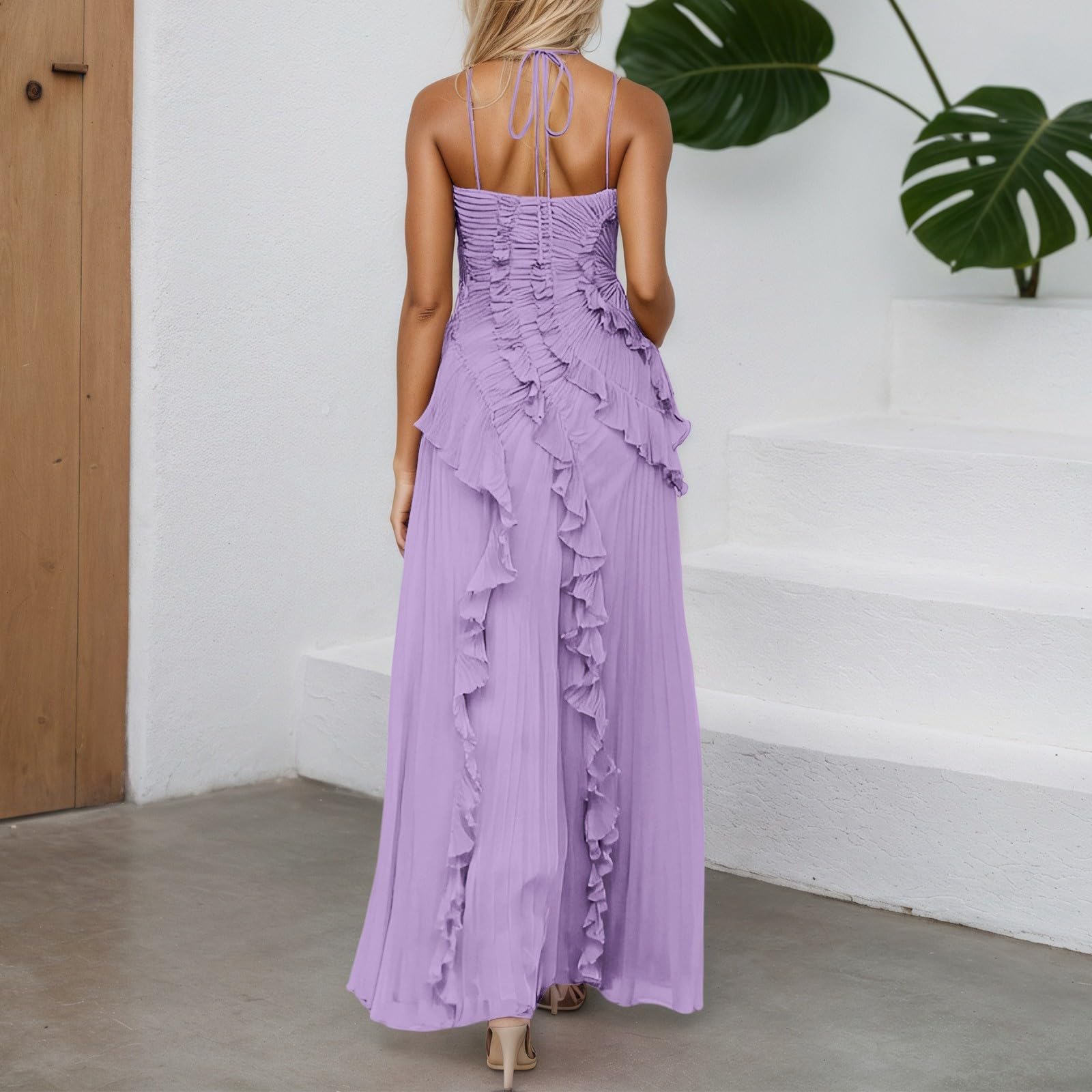 Générique Robe Longue plissée à Volants pour Femme - sans Manches - Dos Nu - Irrégulière - Plissée - en Mousseline de Soie - pour Les invités de Mariage