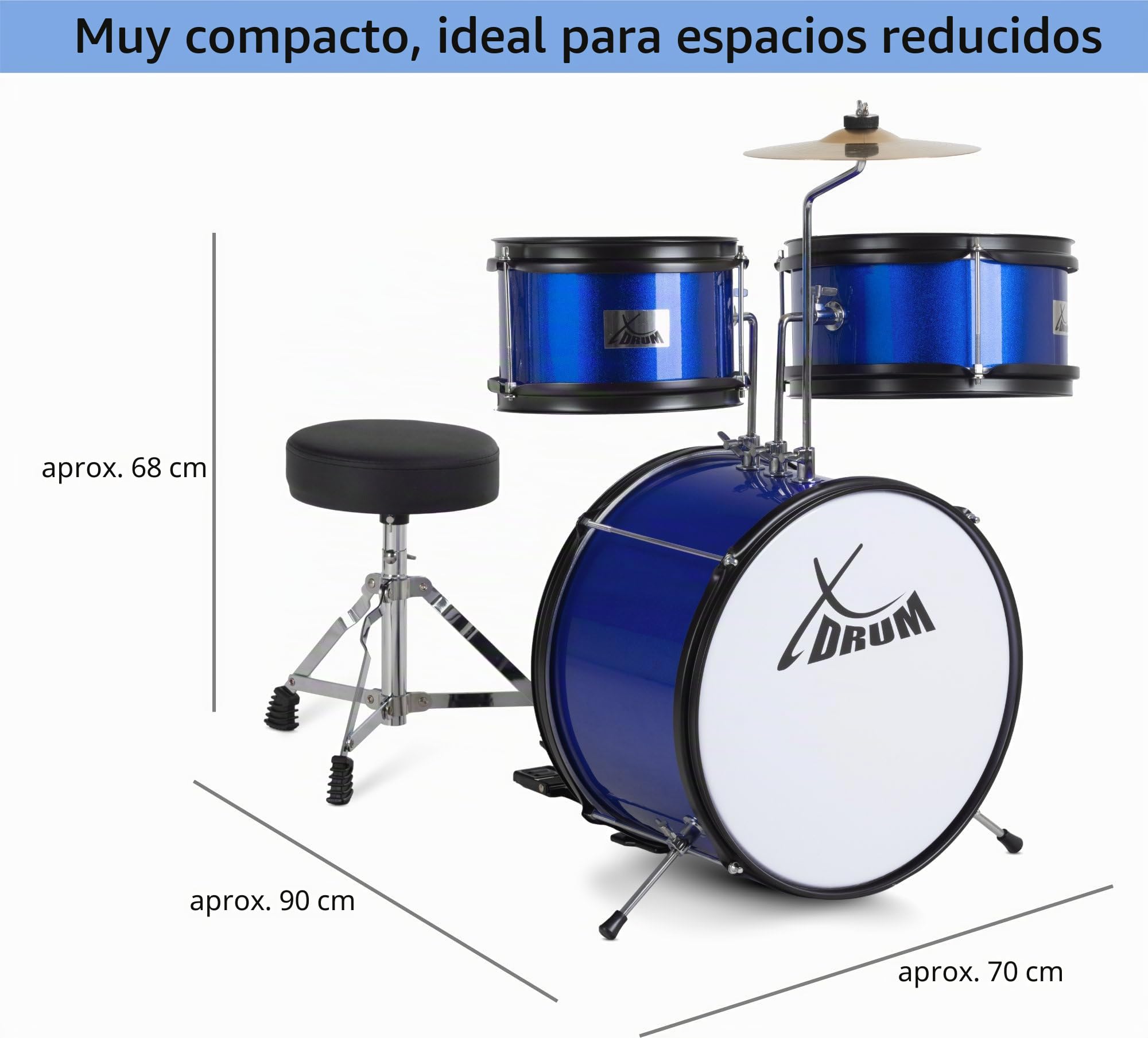 XDrum Junior KIDS Batería incl. Escuela - Batería compacta para niños de 3 a 5 años, montaje muy fácil, con escuela, taburetes, varillas y llave de ajuste, color azul