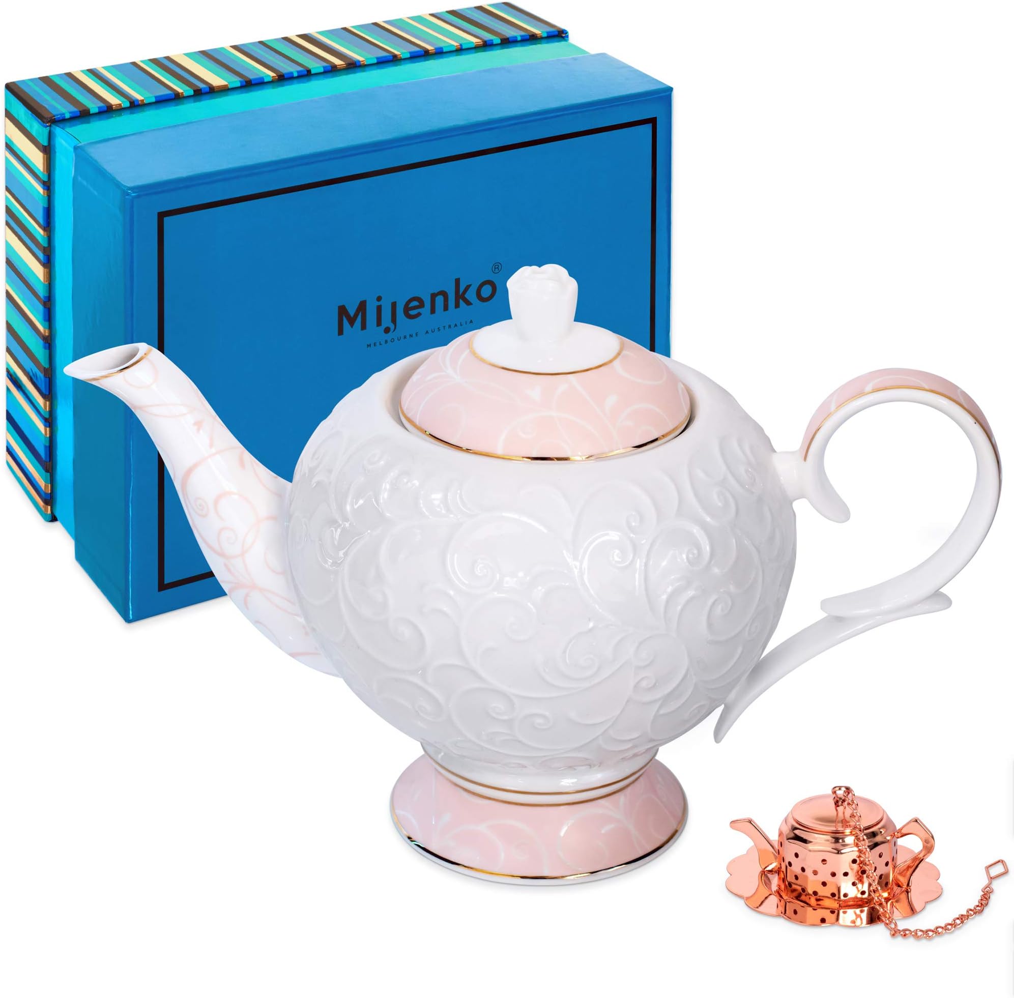 MIJENKO- LARGE 4-5 CUP New Bone China Teapot Pink White embossing with single teacup infuser gift