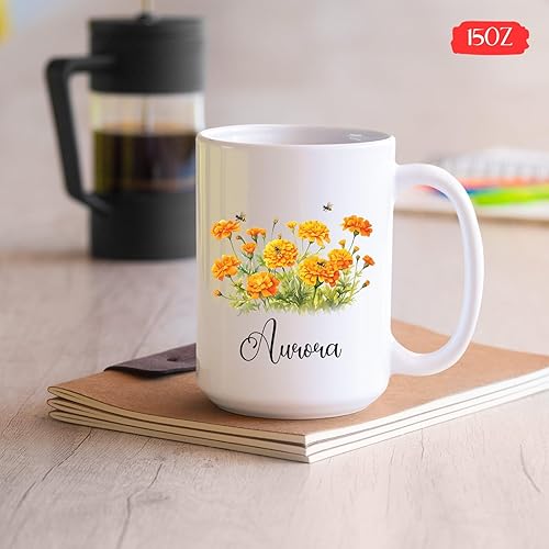 Miniatura 5 de Taza de café de caléndula personalizada, taza de café de caléndula con nombre personalizado, taza de cerámica blanca para amantes de las flores,