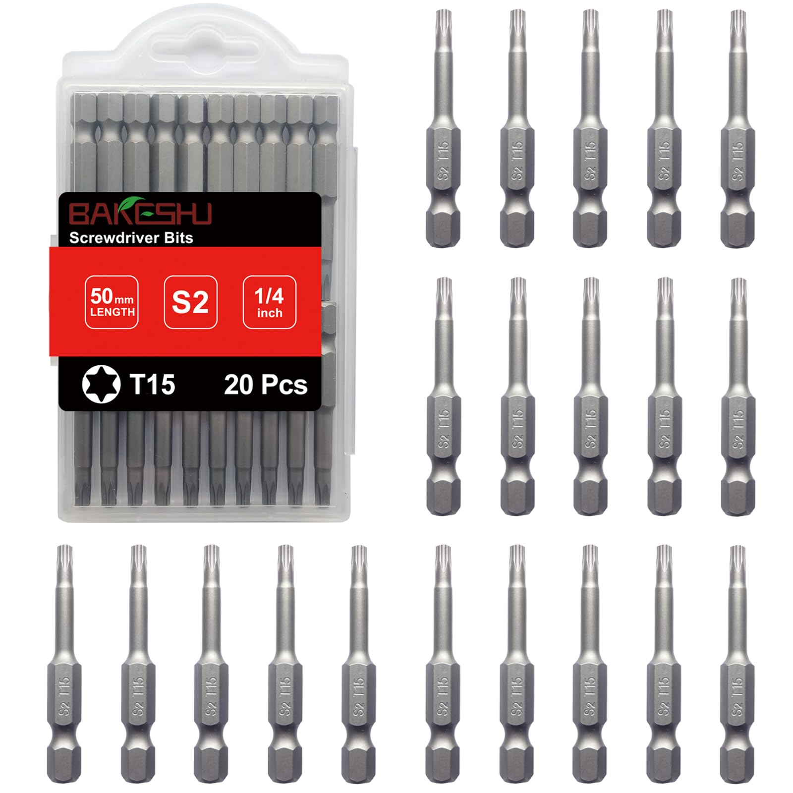 T15 Bit x 20 Pieces, Torx Bit T15 1/4 Inch Hex Drive (Length: 50 mm)