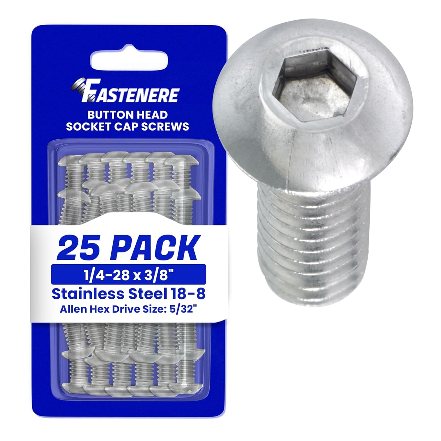 Fastenere Button Head Socket Cap Screws - 1/4-28 x 3 (25 Pack) Stainless Steel 18-8, Full Thread, Bright Plain Finish, Corrosion-Resistant, Machine Thread, Easy to Install w/Allen Socket Drive
