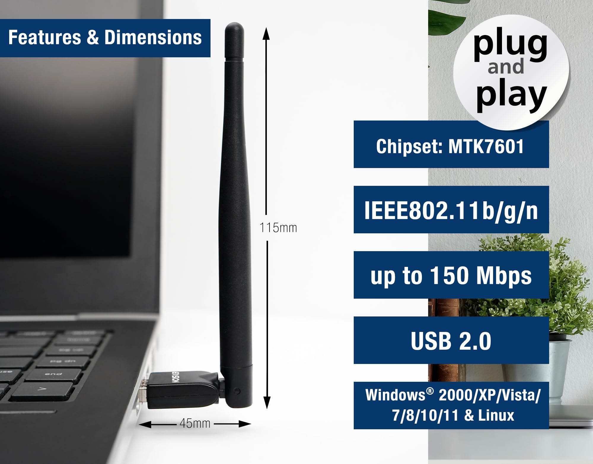 EDISION Adapter USB WiFi EDI-MEGA 2, klucz WiFi MTK7601, 150 Mbps, 2,4 GHz, antena przechylana, kompatybilny z Picco T265 pro HD, Ping T2/C, Proton S2 plus, mały, Picneck, Windows i Linux