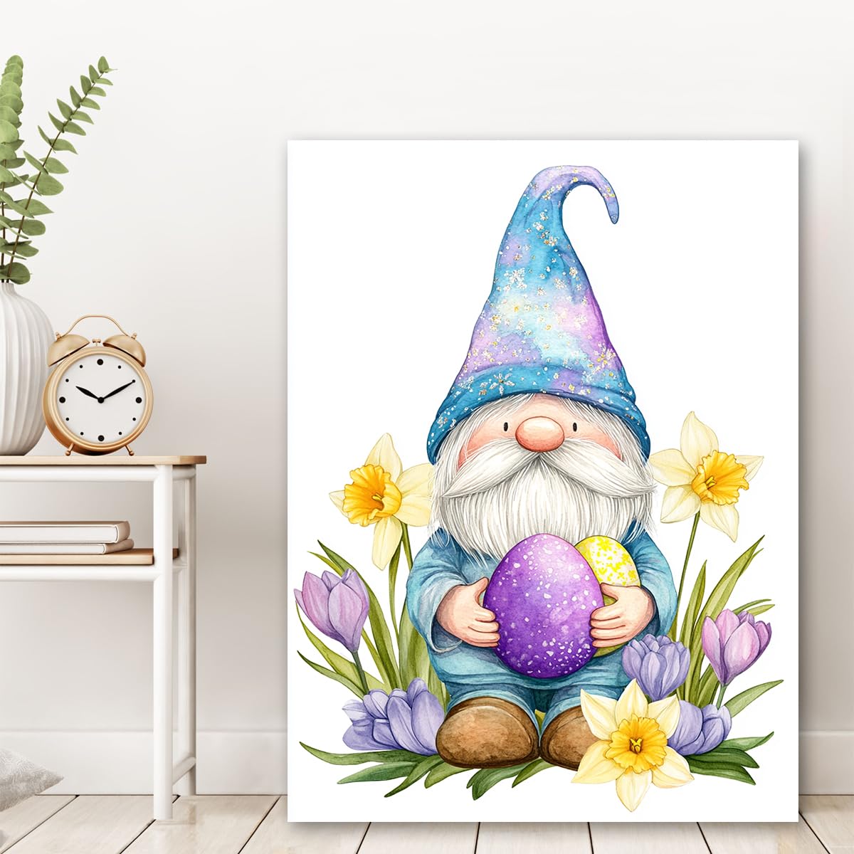 Adorables duendecillos gnomos con lienzo huevo de Pascua de flores de primavera galería Decor moderna de pared envolvimientos de lienzo estampado giclée estirado y enmarcado 55x82cm Cuadro interior