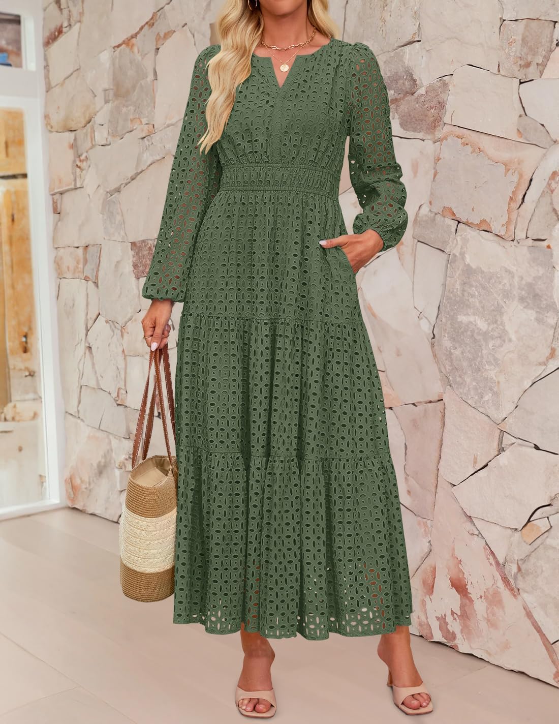 ZESICA Women's 2026 Spring Long Sleeve Maxi Dress V Neck Hollow Out Eyelet A Line Long Flowy Casual Party Dresses - Image 8