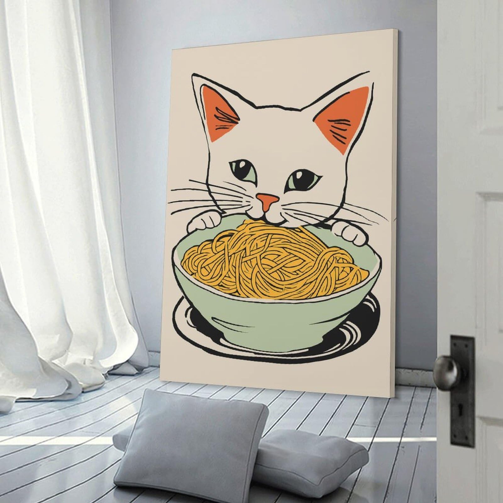 Junmoney Cat Sitting with Noodles Canvas Wall Picture, 24x36inch(60x90cm), for Sofa Walls, Lounge Or Home Corners, Modern Wall Decor for Cosy Interiors
