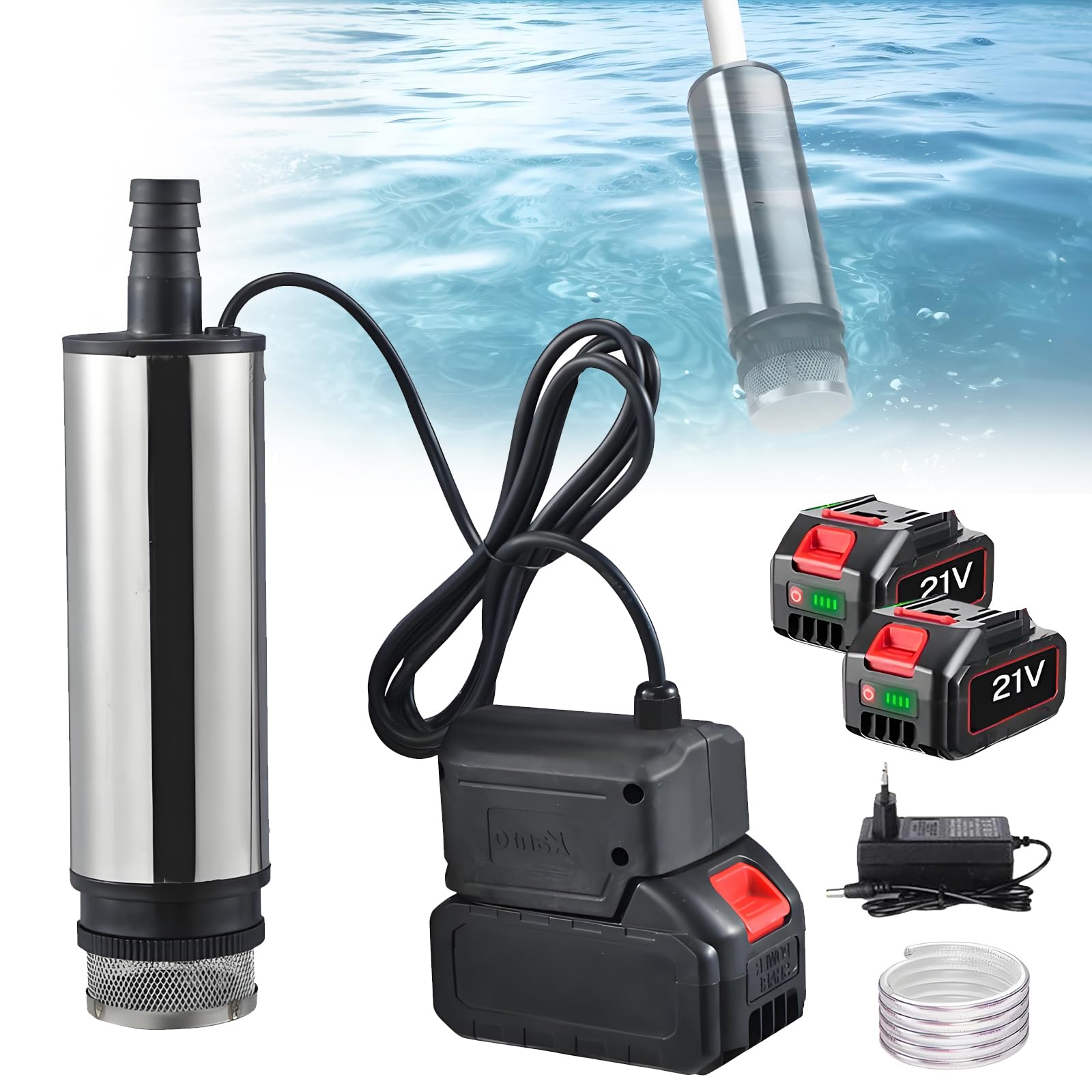 Tragbare Wasserpumpe Sumpfpumpe für Makita 18V Lithium Akku,Mit 3M Kabel & Anschluss,Regenfass Wassertransferpumpe, elektrische Nutzpumpe für Garten,Auto,Pool,Camping,Keller,Teich (2 Akkus)