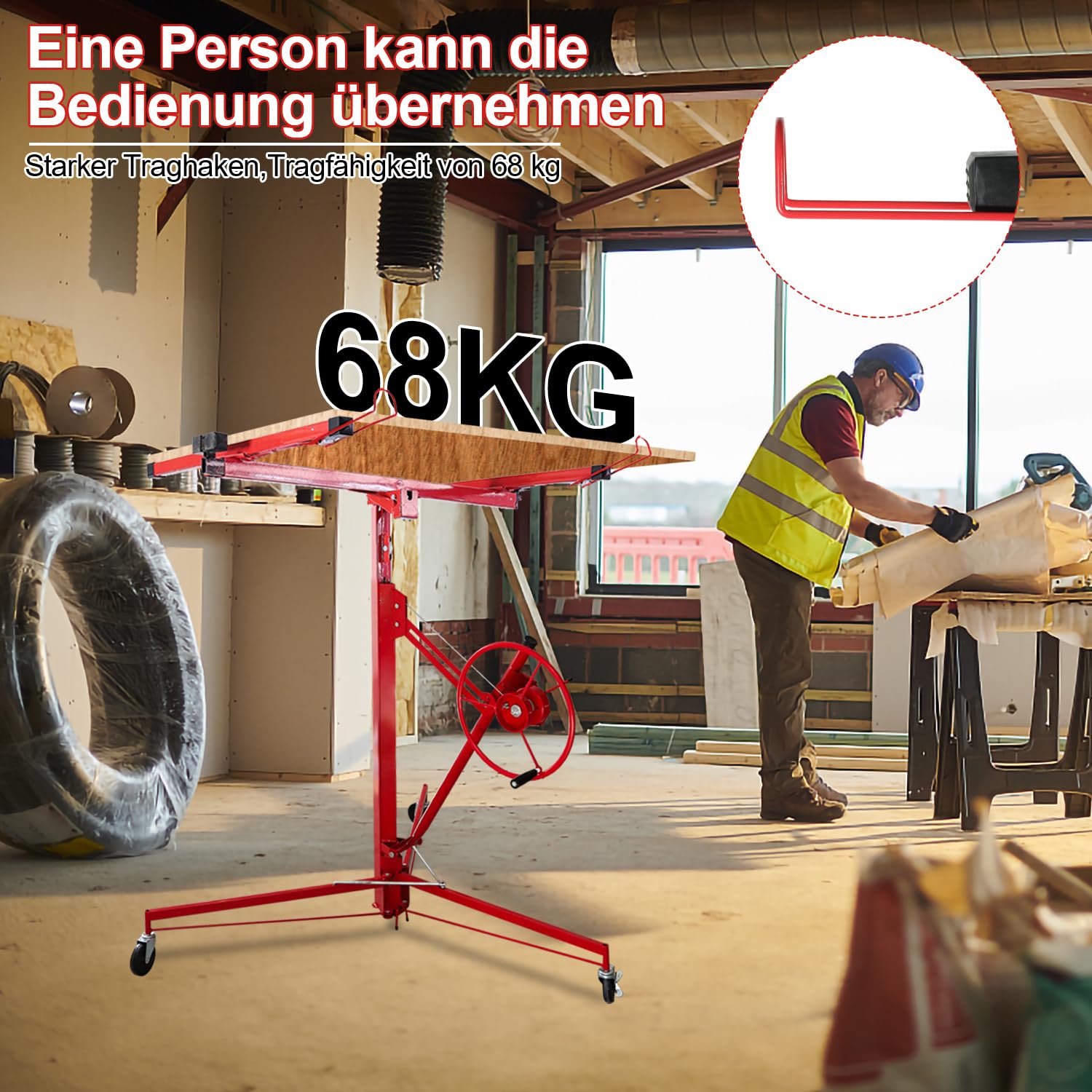 Elevador de placas plegable XXL, 132 – 335 cm, altura de trabajo ajustable, 68 kg de carga, máx. 294 cm de ancho, elevador de placas profesional estable con ruedas para placas de yeso y