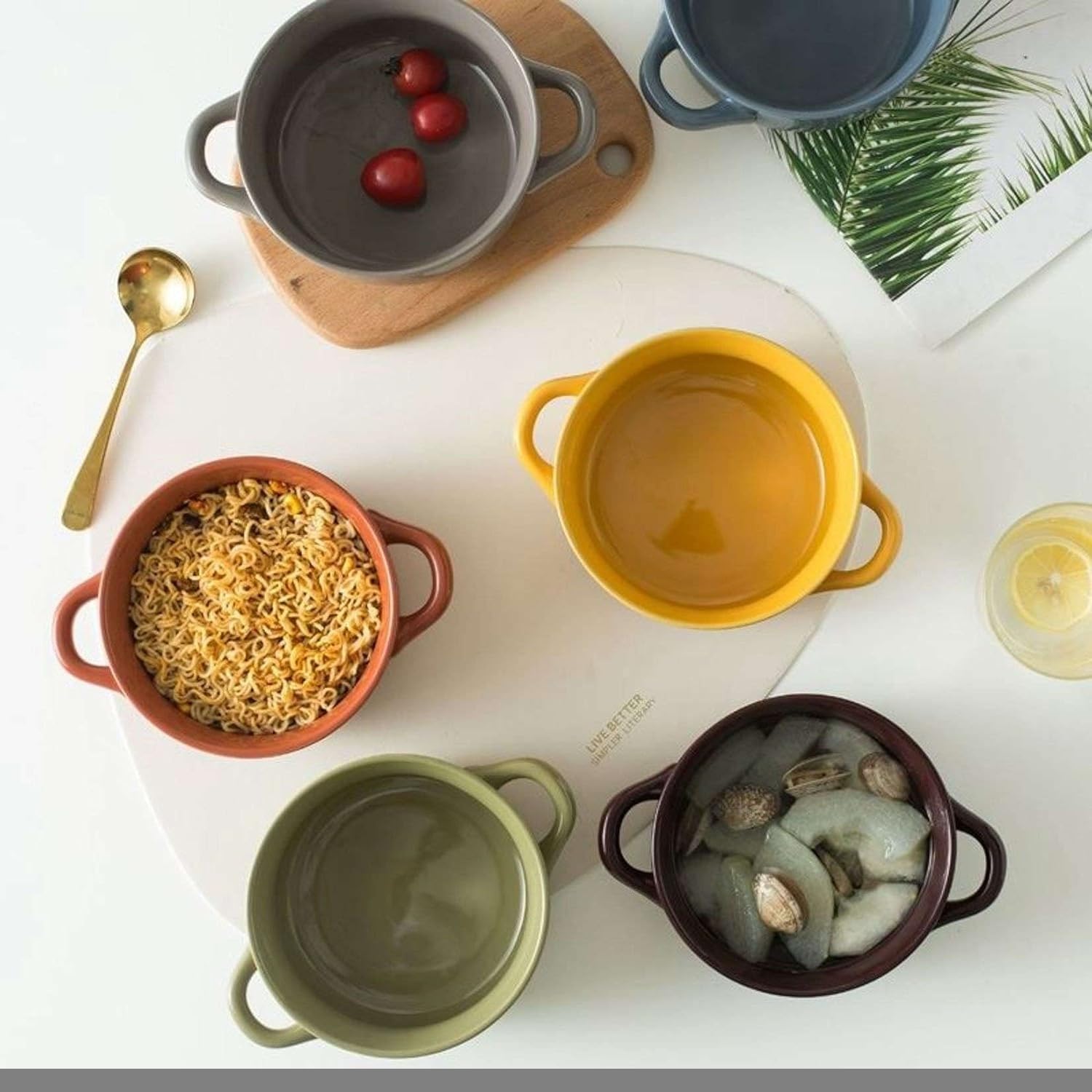 Wielofunkcyjny zestaw misek do serwowania – duże ceramiczne miski do zupy z podwójnymi uchwytami, porcelanowa zastawa stołowa do zupy cebulowej, makaronu i gulaszu. Idealne na śniadanie i płatki