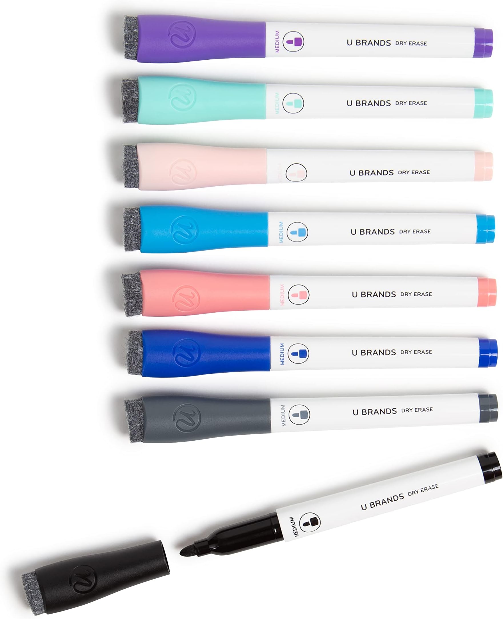 U Brands Fine Tip Dry Erase Markers with Eraser, Low Odor Whiteboard Markers Fine Tip, Assorted Bright Colors, Set of 8