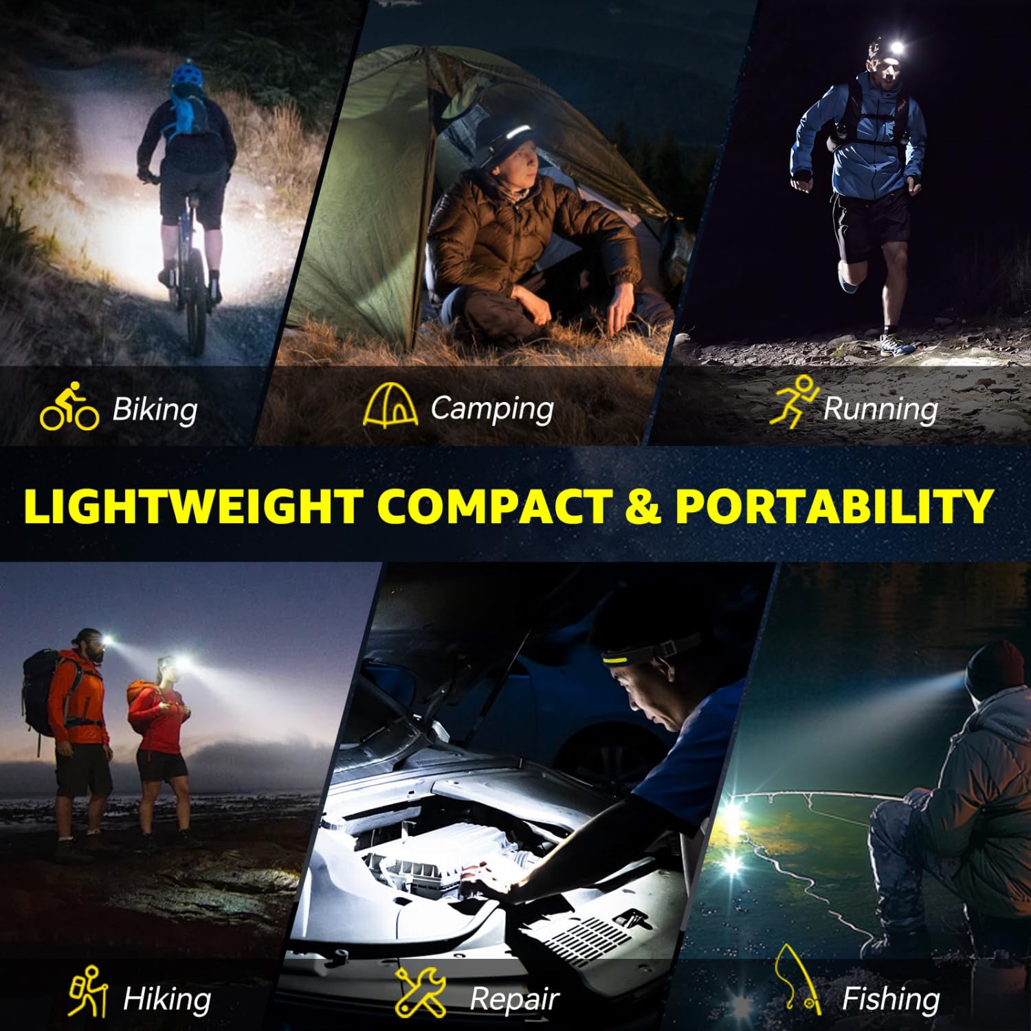 Aigostar Linterna Frontal LED Recargable，4 Piezas，Linterna de Cabeza LED con Sensor de Movimiento，6 Modos de Luz，230 ° Ángulo Ancho，USB C ，0.14lb Ligera para Camping，Correr，Ciclismo，Pescar