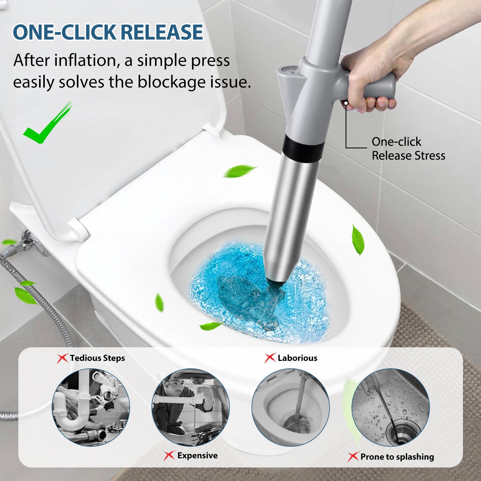 inShareplus Druckluft Rohrreiniger mit Manometer, Weißer/Graue Abflussreiniger Pumpe & Saugglocke mit 4 Aufsätzen & Handschuhen, Pömpel Abfluss für Toilette, Spüle, Boden, Badewanne