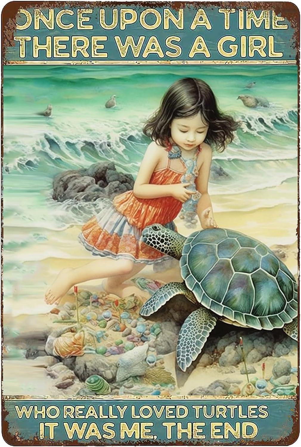 Acdoet Girls Tin-16 Once Upon A Time There Was A Who Really Loved Turtles Metal Sign Vintage Plaque Ocean Sea Turtle Decor Beach Sign Bathroom Reef Wall Art Decor 8X12 Inch