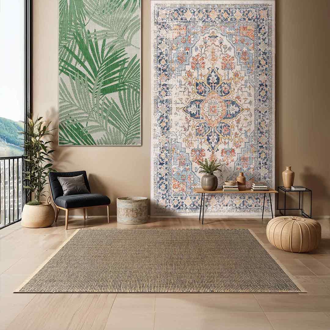Livabliss Porto Outdoor Teppich wetterfest - In und Outdoor Teppich für Balkon 160 cm, Terrasse, Garten, Küche - Teppiche Boho Style für draußen - Beige, Schwarz, Grau