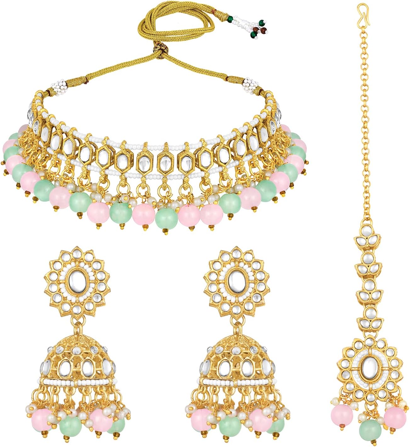 Aheli Kundan Studded Choker Necklace Jhumki Earrings & Maang Tikka Ethnic Fashion Bharatanatyam jewellery set for Women