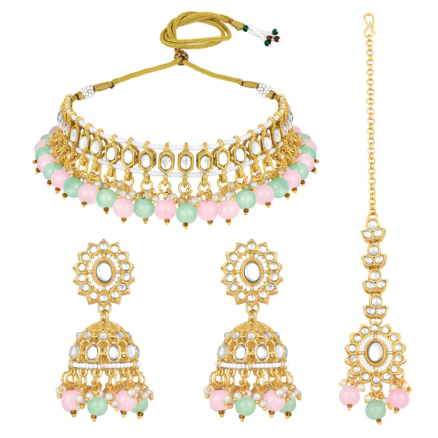 Aheli Gold Plated Kundan Studded Choker Necklace Jhumki Earrings & Maang Tikka Ethnic Fashion Jewellery Set Gift for Women