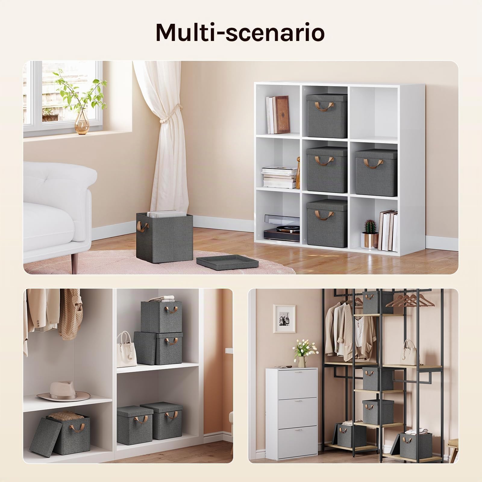 WOLTU Scatole Contenitori Pieghevoli Set di 5, Cubi in Tessuto con Coperchio, Manico e Struttura in Metallo, Organizer per Scaffale e Armadio, Grigio, 30x30x29cm