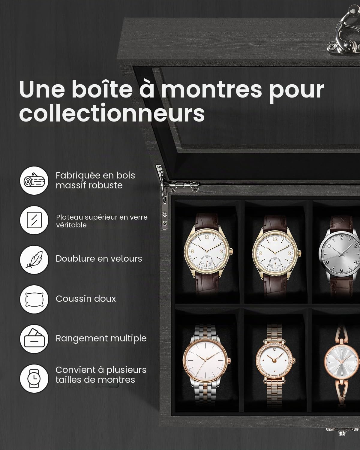 Uten Boîte à Montres 10 Compartiments, Coffret à montres en Bois, Couvercle en Verre, Coffret de Rangement pour Montres pour Hommes et Femmes, Coussinets Coton de Soie, Doublure Noire, Idée Cadeau