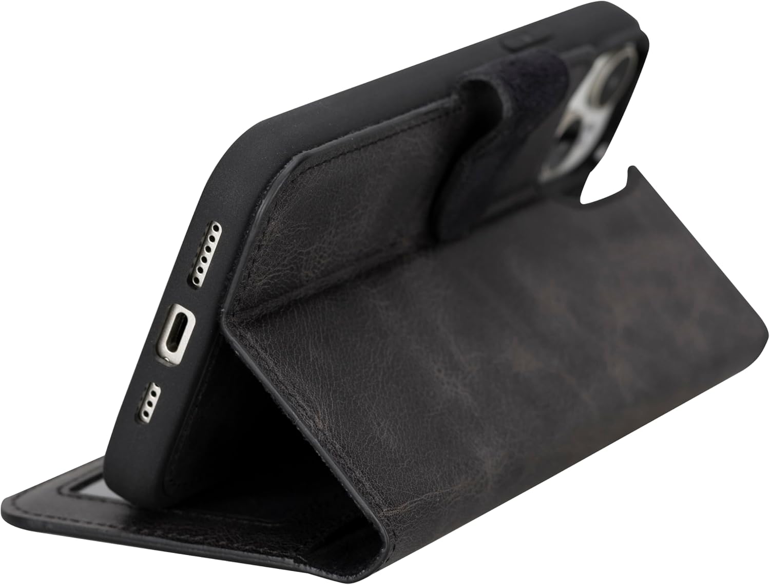HARDISTON Genuine Leather Custom Wallet Case Compatible with iPhone 15 Plus - MagSafe Compatible - Detachable Magnetic Flip Cover with Card Holders - Horizontal Kickstand (Black)
