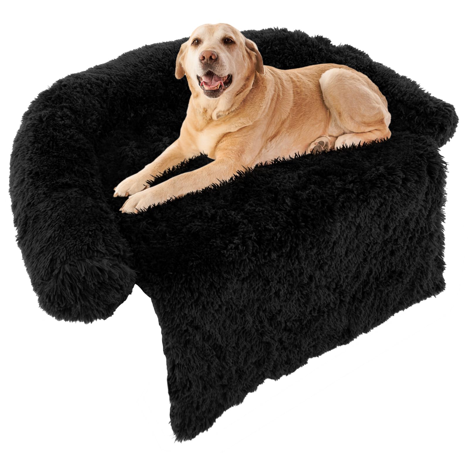 GYMAX Plush Pet Bed, S/M/L Calming Fluffy Dog Couch with Double Anti-Slip Design, Soft Neck Bolster & Detachable Machine Washable Cover, Fluffy Warming Pet Lounger for Dogs, Cats (L, Black)