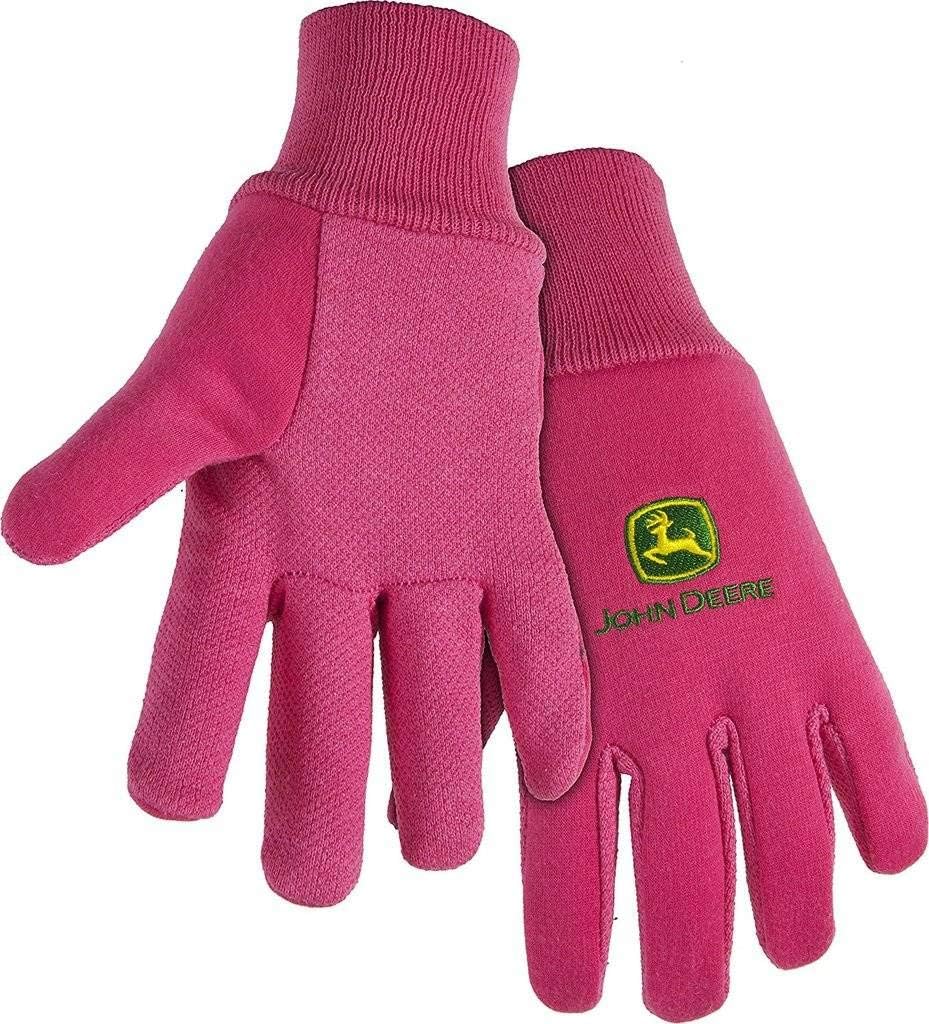 John Deere JD00003 - 10 oz Jersey Gloves for Youth, Ribbed Knit Wrist, Polyester/Cotton Fabric, Straight Thumb, Pink