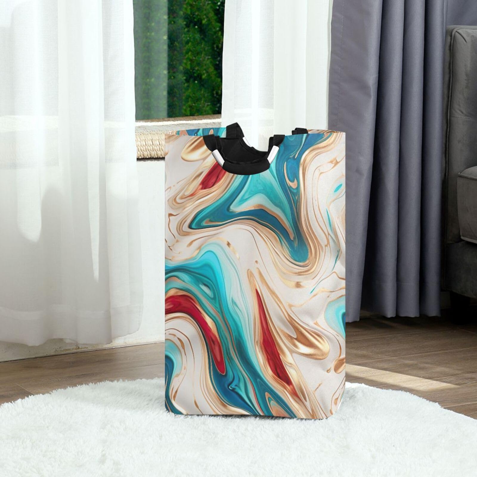 Jihqo Laundry Hamper Basket Abstract Marble Blue Collapsible Nursery Storage Bin Waterproof Clothing Baskets for Home Bedroom Bathroom Washing Room