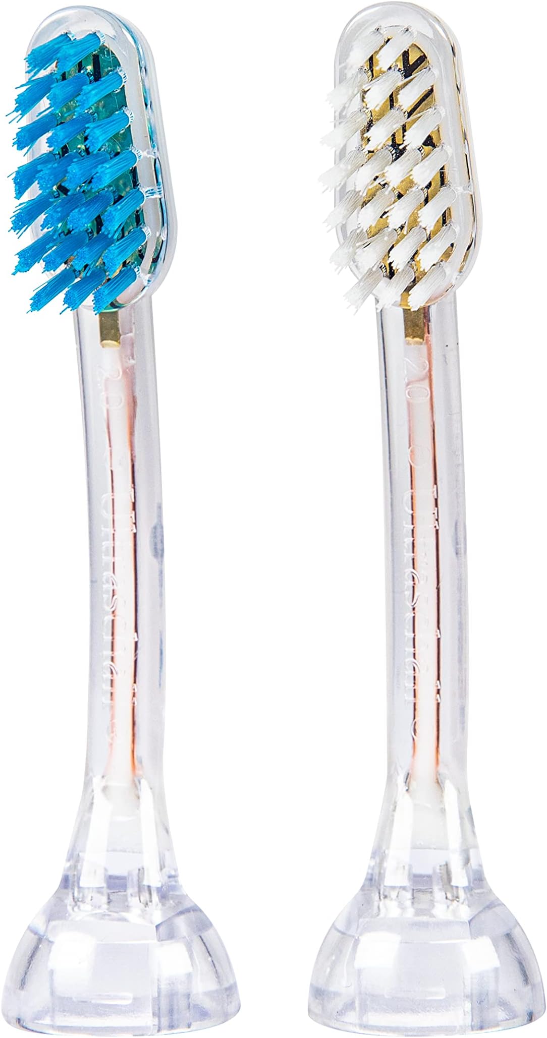 2X E2 Toothbrush Heads (1x Blue + 1x White) I Standard Shaped Replacement Brushes (Balanced Hardness, Straight Bristles) for All emmi-dent Metallic & Professional Ultrasonic Toothbrushes