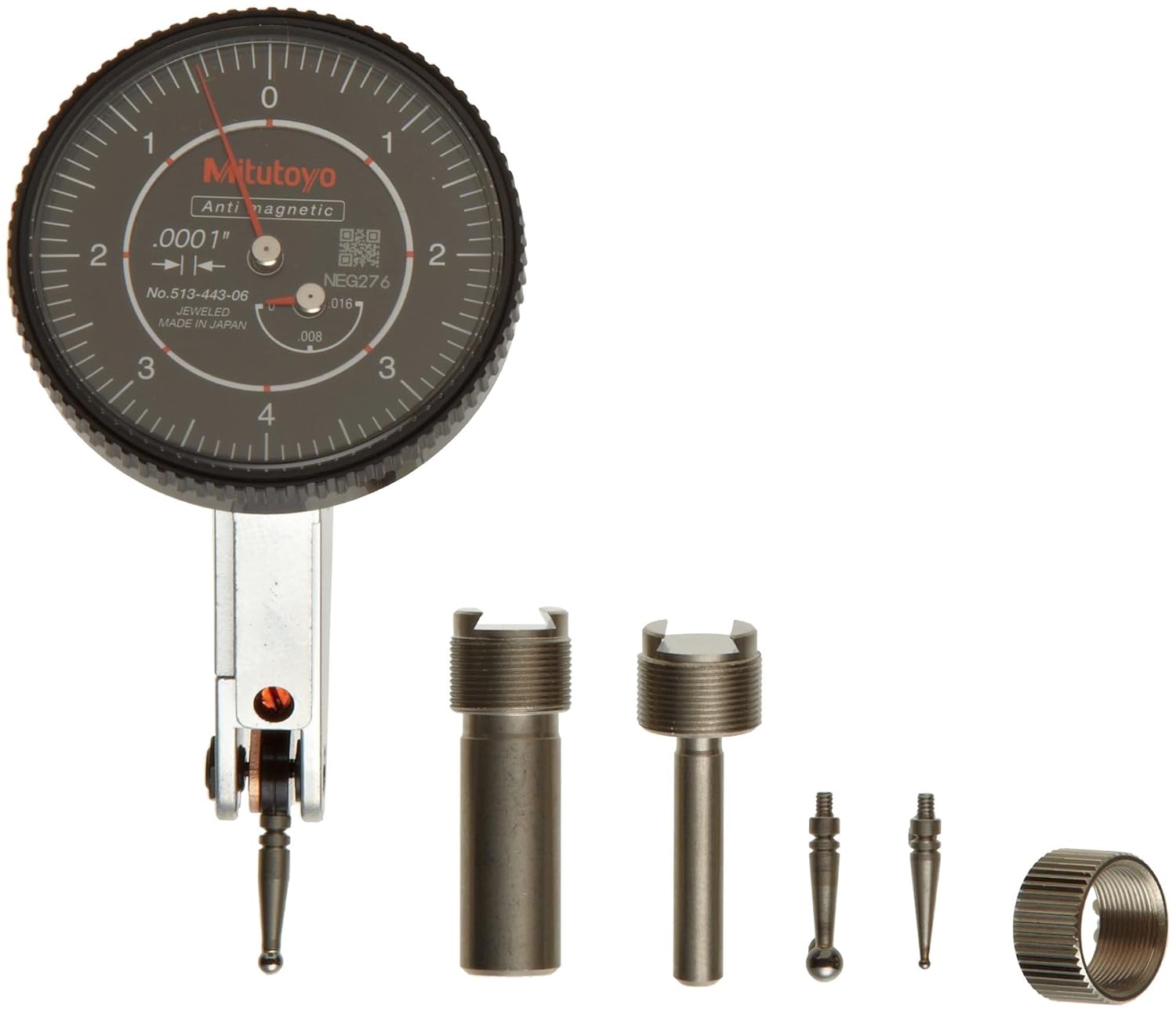 Mitutoyo 513-443 Dial Test Indicator, Basic Set, Tilted Face, 0.375" Stem Dia., White Dial, 0-4-0 Reading, 1.575" Dial Dia., 0-0.016" Range, 0.0001" Graduation, +/-0.0002" Accuracy