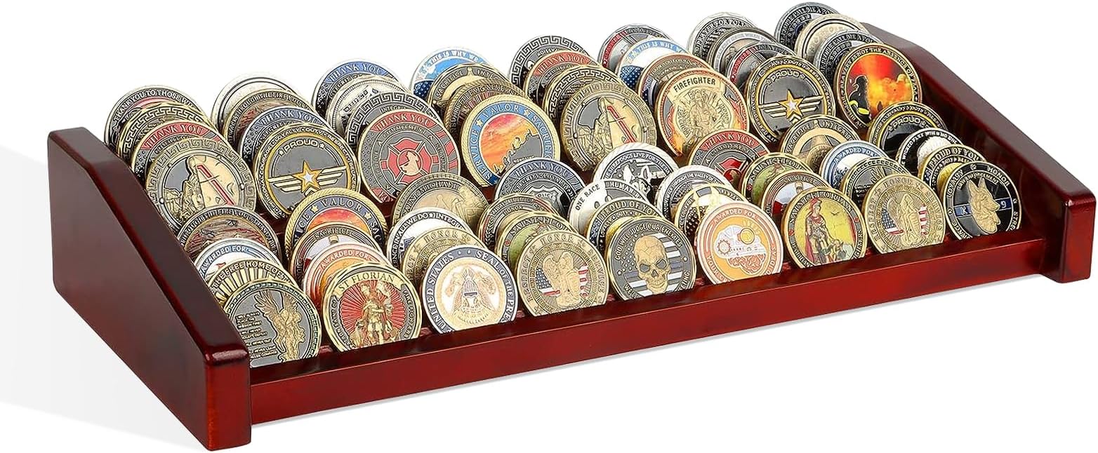 Challenge Coin Holder Display Case - 2 Tiers Solid Wood Military Coin Rack for 60-70 Coins, Army Coin Stand for Desk Display, Mahogany