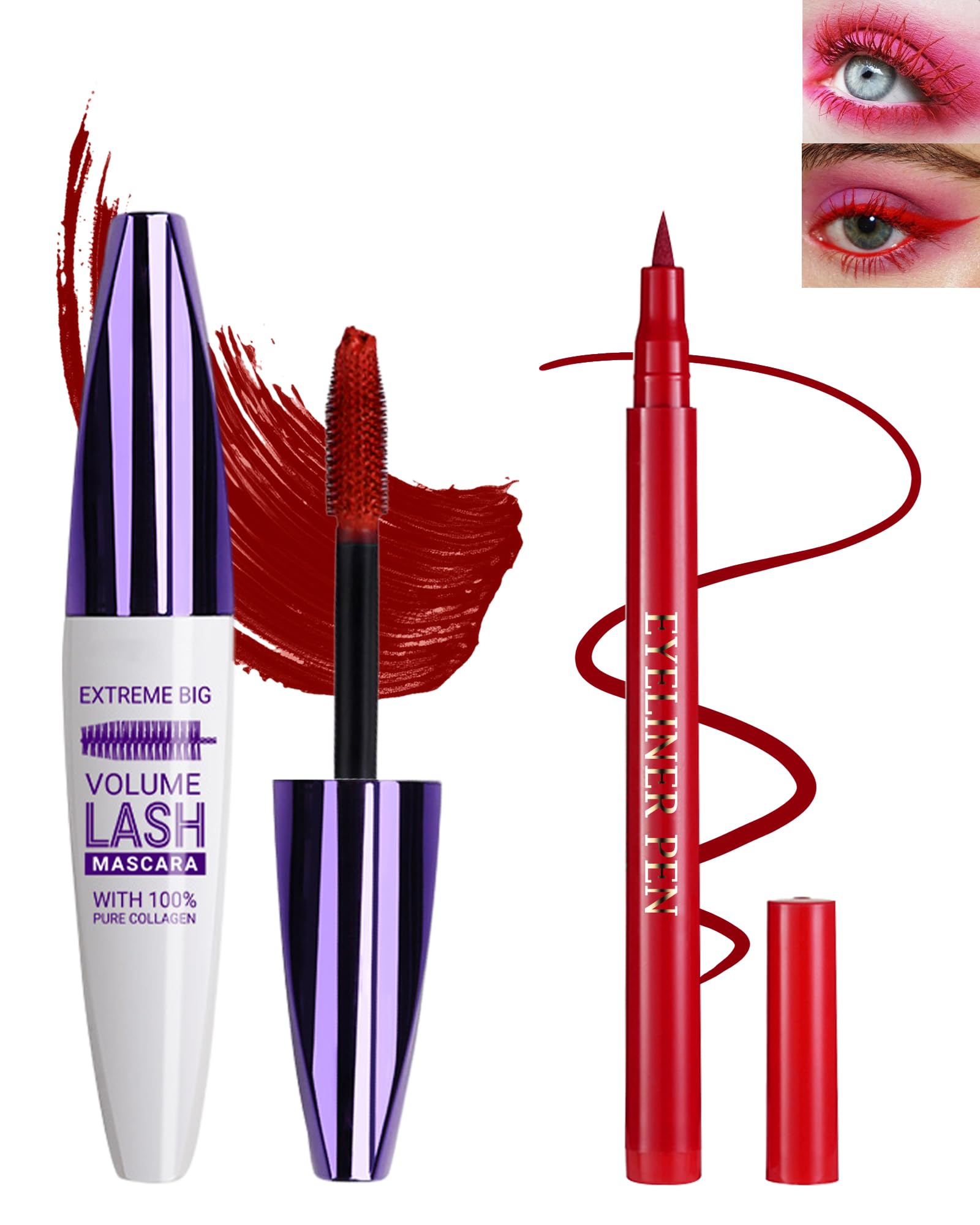 Red Waterproof Mascara & Eyeliner, 5D Silk Fiber Lash Extension Colored Tube Mascara Volume and Length,Long-Lasting Smudge-Proof Volumizing Colorful Máscara and Liquid Eyeliner Pen Set for Women