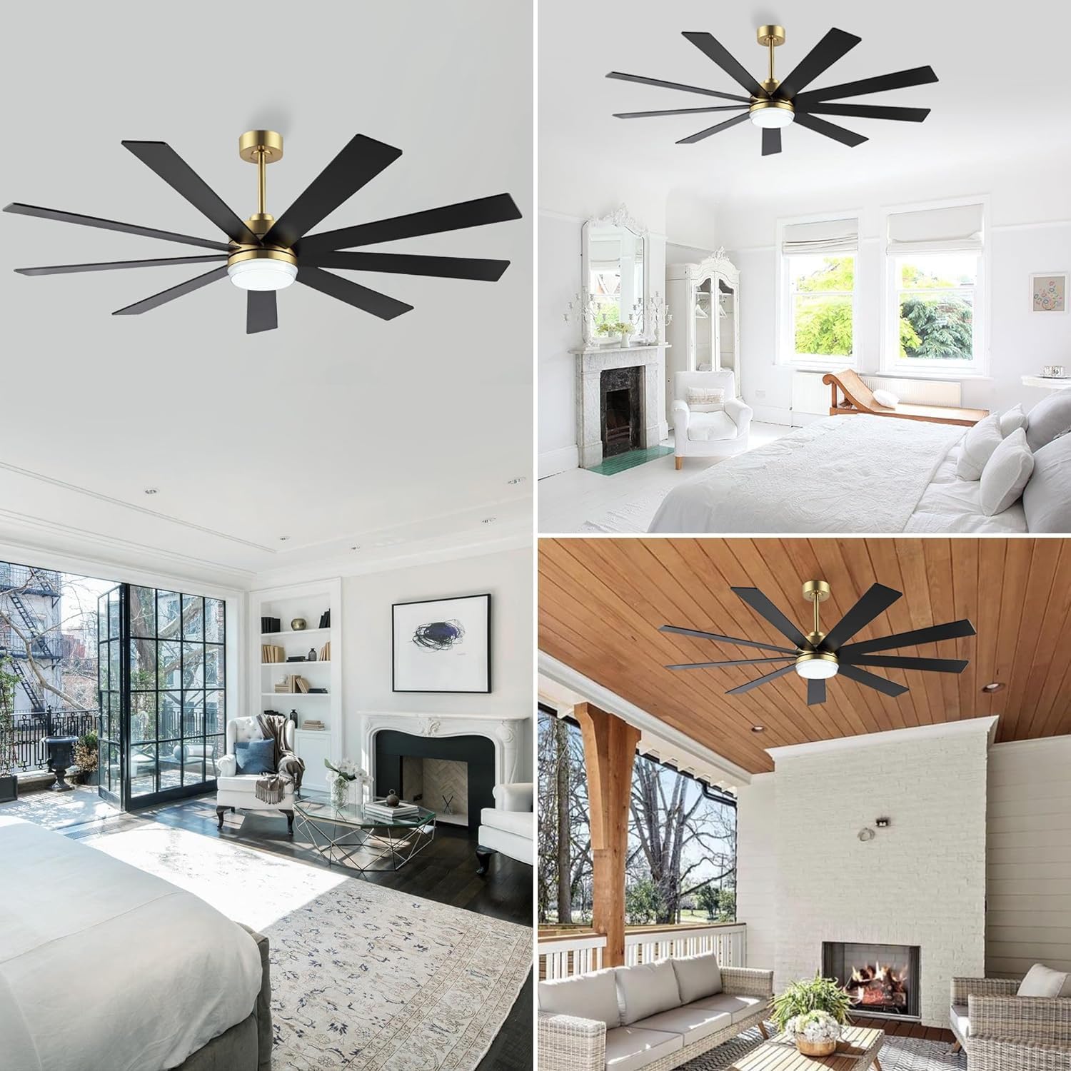 72" Gold and Black Modern Ceiling Fan with LED Light and Remote