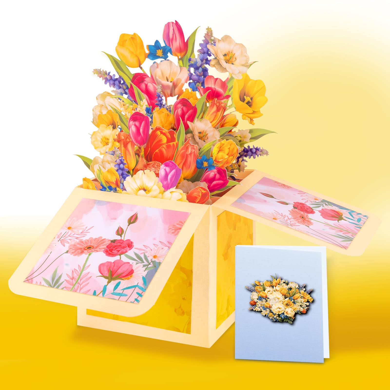 3D Pop Up Spring Flower Bouquet Card – Tulips in Decorative Box – Heartfelt Gift for Birthday, Mother's Day, Get Well for Mother, Grandmother, Wife,Girlfriend– Includes Message Card & Envelope
